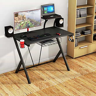 Bureau gamer bureau de jeu 110x60x78cm en forme de z avec lumière led et  range-câbles surface fibre