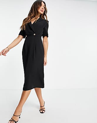 Asos wrap tux midi dress with shoulder pads in black