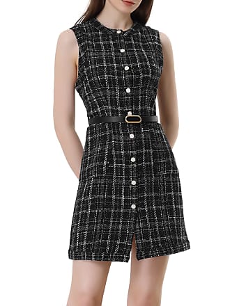 Allegra K Women's Sleeveless Square Neck Plaid Fit and Flare Tweed Dresses  Black Small
