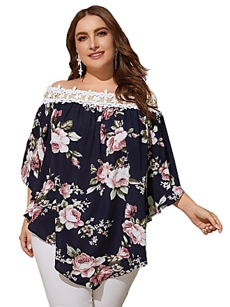 SOLY HUX Womens Plus Size Floral Print Long Sleeve Top Off Shoulder Contrast Lace Blouse Navy Blue Floral 4XL