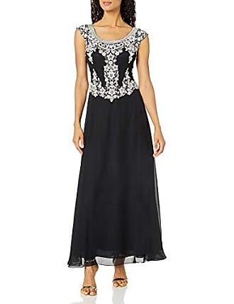 J Kara Womens Scoop Neckline V Trim Floral Mock 2 Piece Beaded Dress, Black/White/Silver, 8