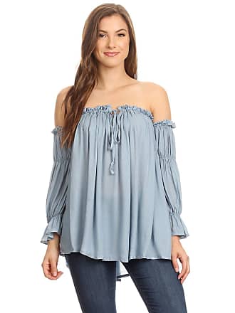 Anna Kaci Womens Semi Sheer Boho Peasant Long Sleeve Off The Shoulder Top, Blue, Small