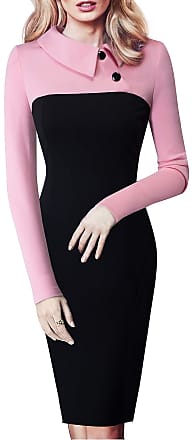 Homeyee Womens Retro Chic Colorblock Lapel Career Tunic Dress B238 (X-Large,Pink/Black)