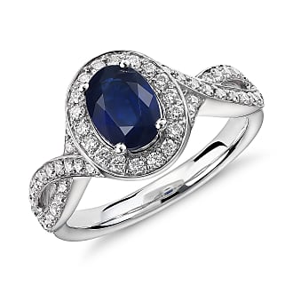 Blue Nile Sapphire and Diamond Halo Twist Ring in 14k White Gold (7x5mm)