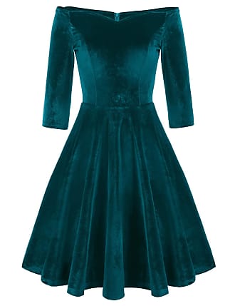 Grace Karin 3/4 Sleeve Winter Velvet Formal Wedding Party Dress A-line Size L Blue Green