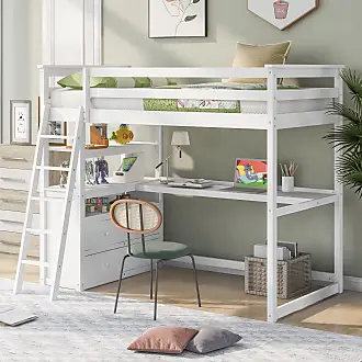 Full Size Loft Bed Solid Wood Bed Frame with Ladder, Shelves & Desk - Gray