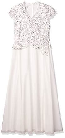 J Kara Womens Illusion Cap Sleeve Long Dress, Ivory/Ivory/Silver, 16