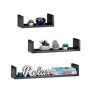 Relaxdays Wall Mounted Kitchen Rack with Hooks, 2 Shelves, HWD: 50 x 45 x  14 cm, Open Hanging Storage Unit, White/Black