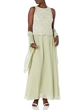 J Kara Womens Scallop Long Beaded Sleeveless Dress with Scarf, Celery/White/Silver, 12