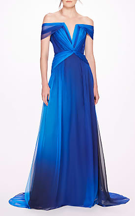 Pamella Roland Womens Off-The-Shoulder Pleated Chiffon Gown - Blue/yellow - Only At Moda Operandi