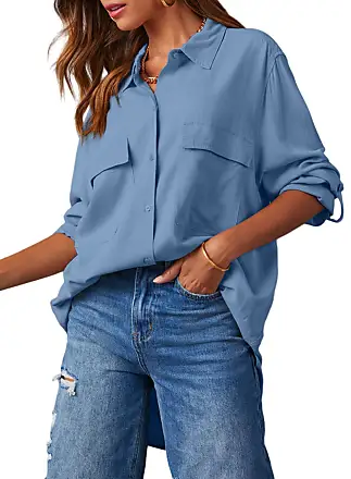 Womens Casual Button Down Long Sleeve Shirts V Neck Roll Up Cuffed Sleeve  Work Solid Blouse Tops with Pockets,White Small at  Women's Clothing  store