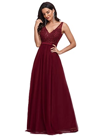 Ever-pretty Lace Appliqued A-line Sleeveless V-Neck Tulle Prom Dresses Long for Women Burgundy US12