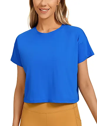 cRZ YOgA Womens Pima cotton Workout crop Tops Short Sleeve Yoga Shirts  casual Athletic Running T-Shirts Blue color Large