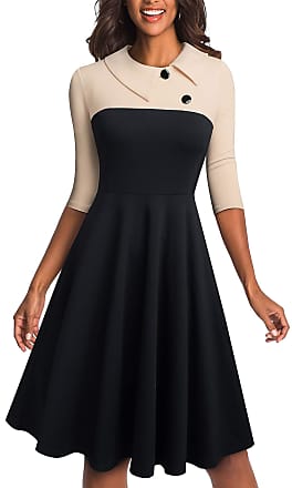 Homeyee Womens Lapel 3/4 Sleeve Church Aline Colorblock Work Dress A121 (12, Apricot and Black)