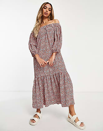 Asos off shoulder trapeze maxi dress with pephem in red animal print-Multi