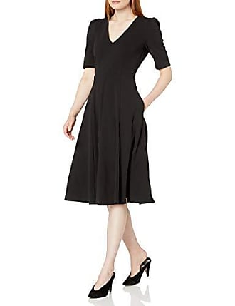 Donna Morgan Womens Stretch Crepe Elbow Sleeve V-Neck Fit and Flare Midi Dress, Black, 0