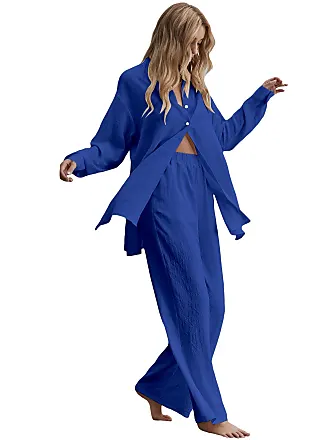  Womens 2 Piece Outfits Slit Hem Longline Blouse And Wide Leg  Pants Set Dusty Blue Solid 3XL
