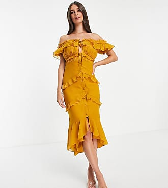 Asos Tall ASOS DESIGN Tall off shoulder midi dress with button front and ruffle detail-Yellow