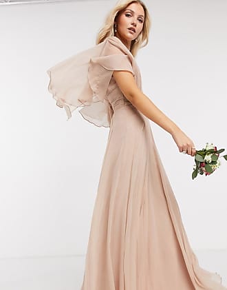 Asos Bridesmaid ruched bodice drape maxi dress with wrap waist and flutter cape sleeve in blush-Pink