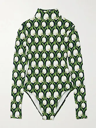 Green Palm Leaf Printed Mesh Bodysuit