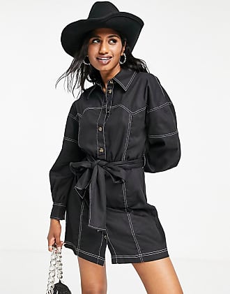 Asos yoke detail twill mini shirt dress in black-Brown