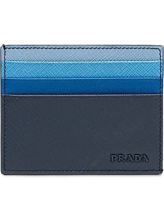 NWT Men's Prada Saffiano Baide Leather Card Holder in Blue/Stripes Wallet