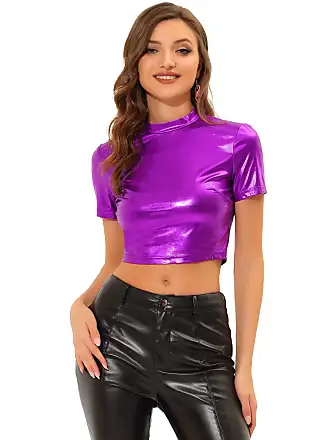 Allegra K Women's Mesh Crop Short Sleeve Metallic Party See-Through Shirts  Purple X-Small