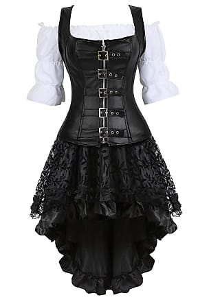 Grebrafan Steampunk Faux Leather Corset with Skirts 
