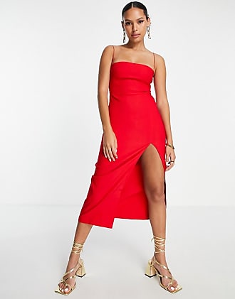 Vesper cami strap midi dress with thigh spilt in red