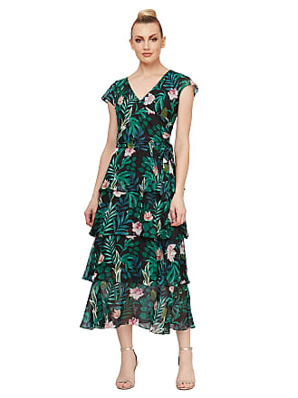 S.L. Fashions Womens Long Short Sleeve Pebble Tier Maxi Wrap Dress, Navy Tropical, 18