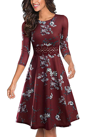 Homeyee Womens Vintage 50s Sleeveless Floral Embroidered Cocktail Swing Dress A079 (XXL, Dark Red + Floral-3/4 Sleeve)