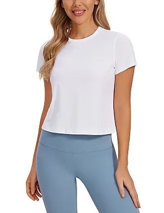 CRZ YOGA Women's Pima Cotton Workout Crop Tops Short Sleeve Yoga Shirts  Casual Athletic Running T-Shirts Slate Blue XX-Small