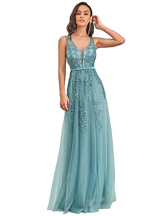 Ever-pretty Womens Tulle Lace Applique Elastic Band Maxi Classic Evening Gowns Demin Blue US14