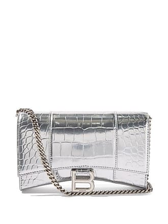 Balenciaga Hourglass Croc Embossed Leather Keyring Wallet Silver