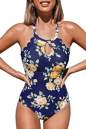 CUPSHE Women's Teal Floral Print One Piece Swimsuit Scalloped Hem