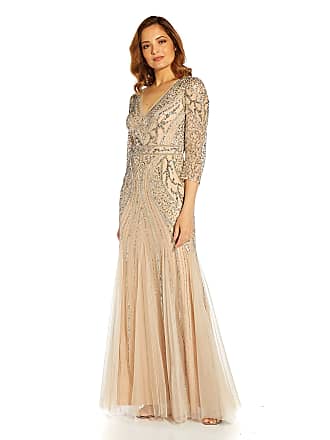Adrianna Papell Womens Beaded Mesh Godet Gown, Silver/Nude, 16