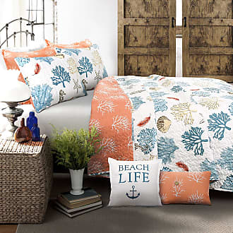 Lush Decor Zuri Flora Quilt-Colorful Painted Flower Design Reversible 3 Piece Bedding Set-Full Queen-Blue and Coral Blue & Coral