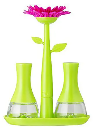 Vigar Flower Power Pink Dish Brush with Vase 10-Inches Green