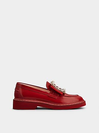 Roger Vivier Viv Rangers Strass Buckle Loafers in Leather, RED, 38 - Shoes