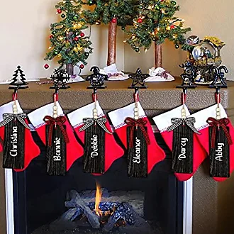 24 Pieces Christmas Wood Stocking Name Tags Buffalo Plaid Row Stocking Tags  with Rope and Wooden Beads Mini Hanging 
