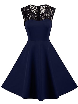 Homeyee Womens Vintage Lace Round Neck Sleeveless Mesh A Line Dress A008 (UK 16 = Size XXL, Dark Blue)