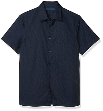 Perry Ellis Mens Floral On Stripe Print Short Sleeve Button-Down Shirt, Dark Sapphire, Medium