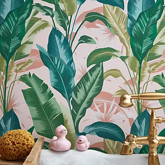 Papel pintado autoadhesivo plantas tropicales verde y rosa 50x300