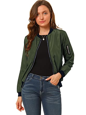 Allegra K Women's Casual Lightweight Zip-Up Bomber Jacket with Pockets Dark  Green Small