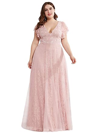 Ever-pretty Plus Womens V-Neck Ruffle Sleeves Floral Lace Dress Plus Size Prom Party Dresses Pink US18