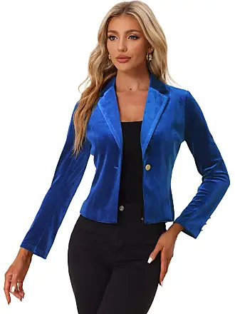 Allegra K Women's Collarless Work Office Long Sleeve Cropped Blazers Grey  Blue Medium