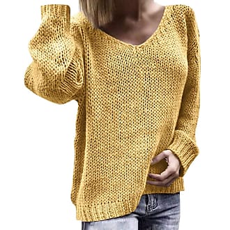 ORANDESIGNE Maglione Donna Elegante Maglia Manica Lunga Leggera Traforato  Maglioncino Invernale Sweatshirt Felpa Retro Pullover Sweaters Casual Moda  Maglioni A Giallo 3XL 