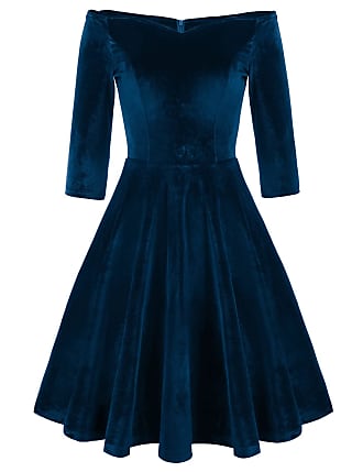 Grace Karin 3/4 Sleeve Winter Velvet Wedding Swing Dress A-line Size L Dark Blue