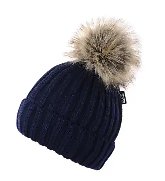 Cappello con pon pon vera pelliccia Blu navy 100% cashmere