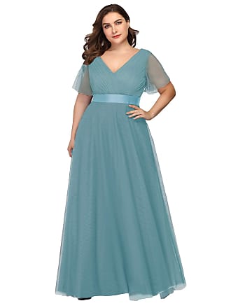 Ever-pretty Plus Womens Front Wrap Tulle Double V-Neck A-line Plus Size Formal Dress for Weddings Blue US24